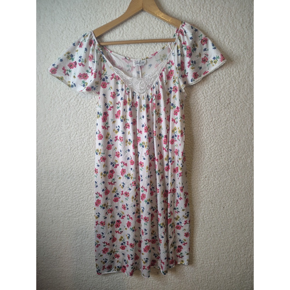 Vintage Vanity Fair Floral Nightgown White Lace Trim Short Sleeve Made in USA S